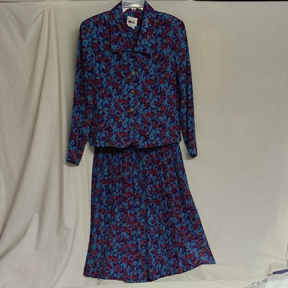 Vintage Leslie Fay 2-piece Blue and Red Floral Women's Dress Set Sz 14